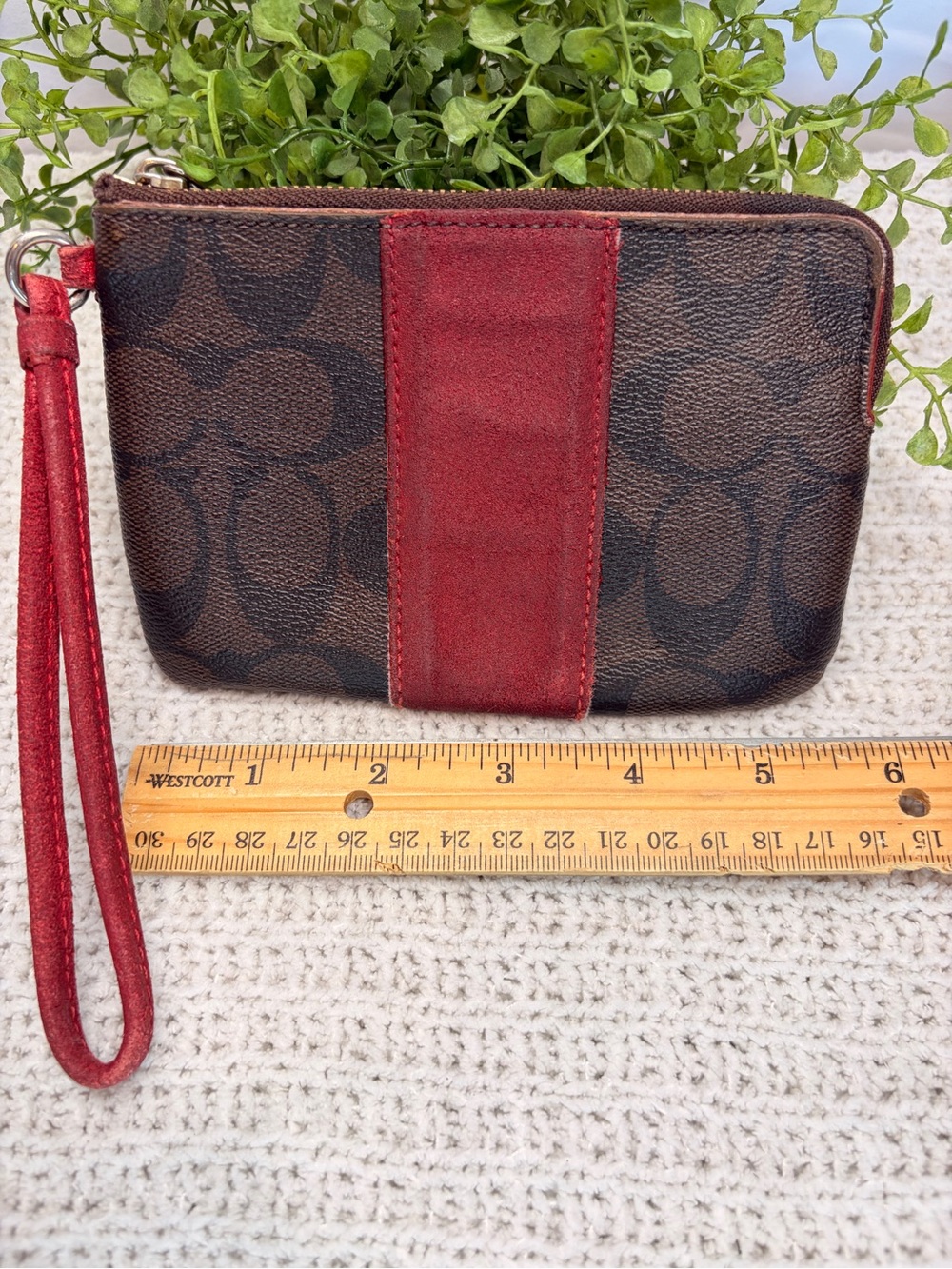 Coach Signature Canvas Wristlet with Red Suede Stripe